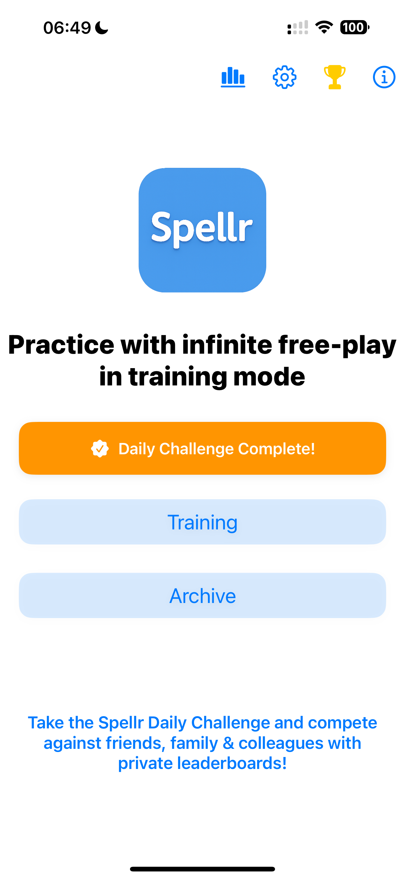 Spellr home screen with Daily Challenge, Training, and Archive.