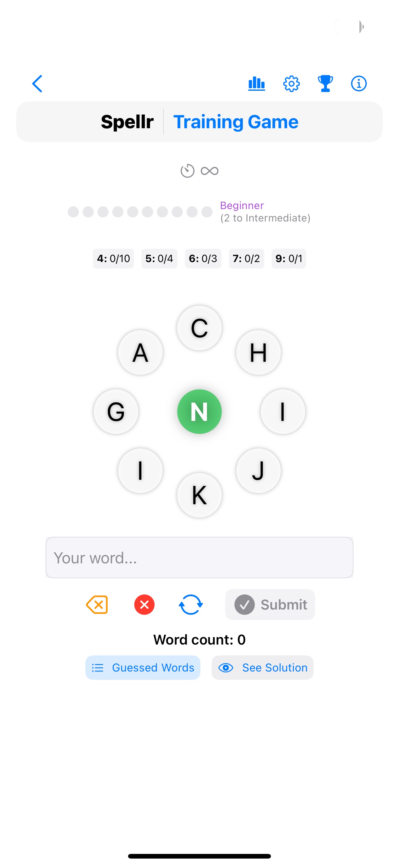 Spellr gameplay with a letter wheel and word input.